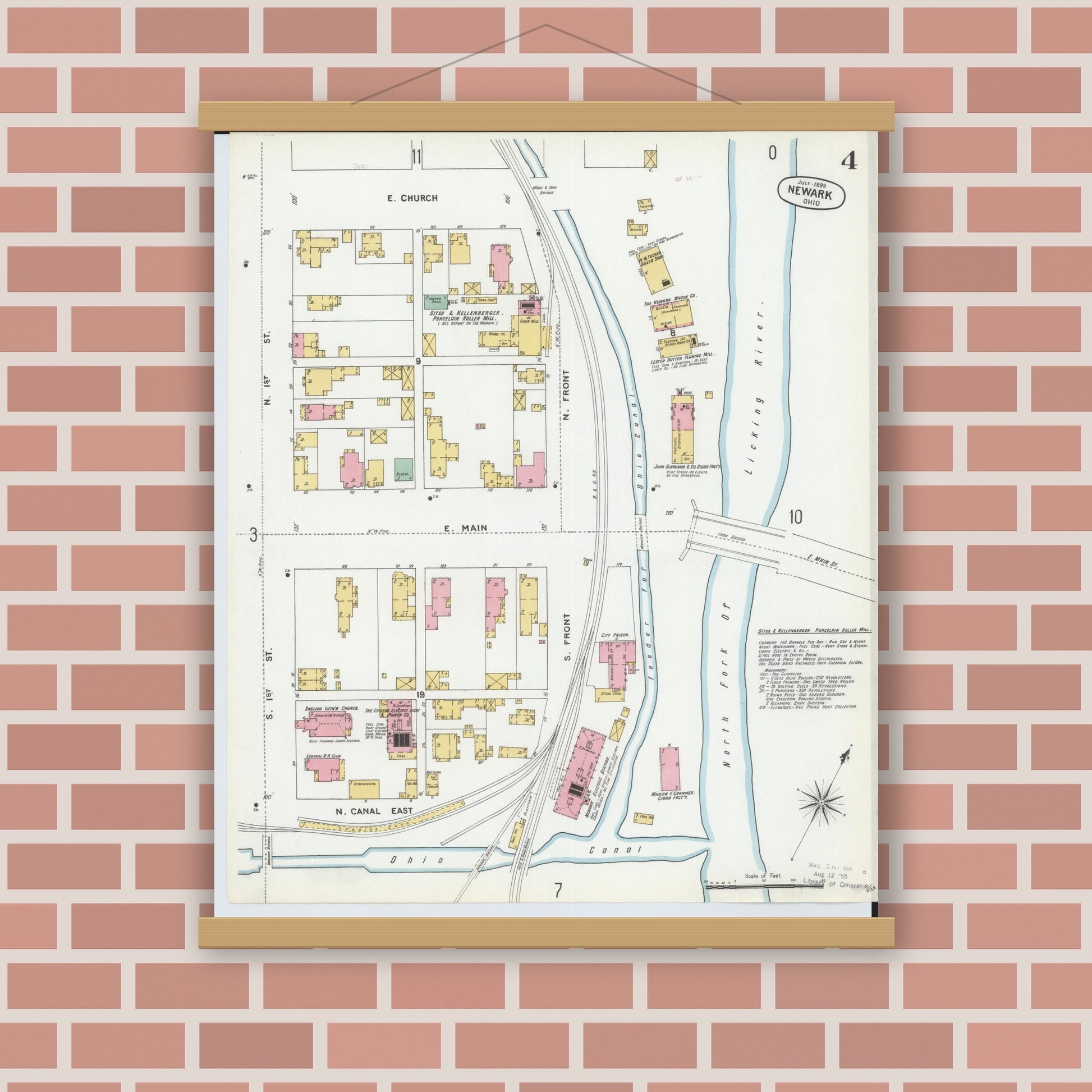 Old map wall art mockup — magnetic wood frame on brick wall — Sanborn Fire Insurance Map from Newark, Licking County, Ohio (1899), Sheet #0004