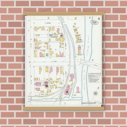Old map wall art mockup — magnetic wood frame on brick wall — Sanborn Fire Insurance Map from Newark, Licking County, Ohio (1899), Sheet #0004