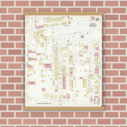 Old map wall art mockup — magnetic wood frame on brick wall — Sanborn Fire Insurance Map from Braddock, Allegheny County, Pennsylvania (1908), Sheet #0025