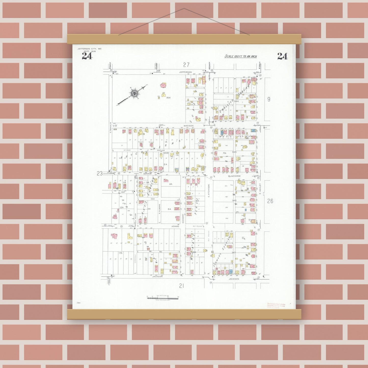 Old map wall art mockup — magnetic wood frame on brick wall — Sanborn Fire Insurance Map from Jefferson City, Cole County, Missouri (1939), Sheet #0024
