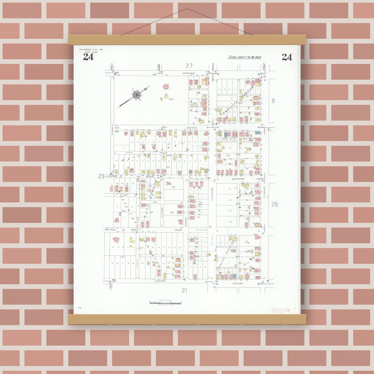 Old map wall art mockup — magnetic wood frame on brick wall — Sanborn Fire Insurance Map from Jefferson City, Cole County, Missouri (1939), Sheet #0024