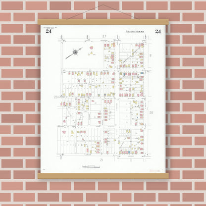 Old map wall art mockup — magnetic wood frame on brick wall — Sanborn Fire Insurance Map from Jefferson City, Cole County, Missouri (1939), Sheet #0024