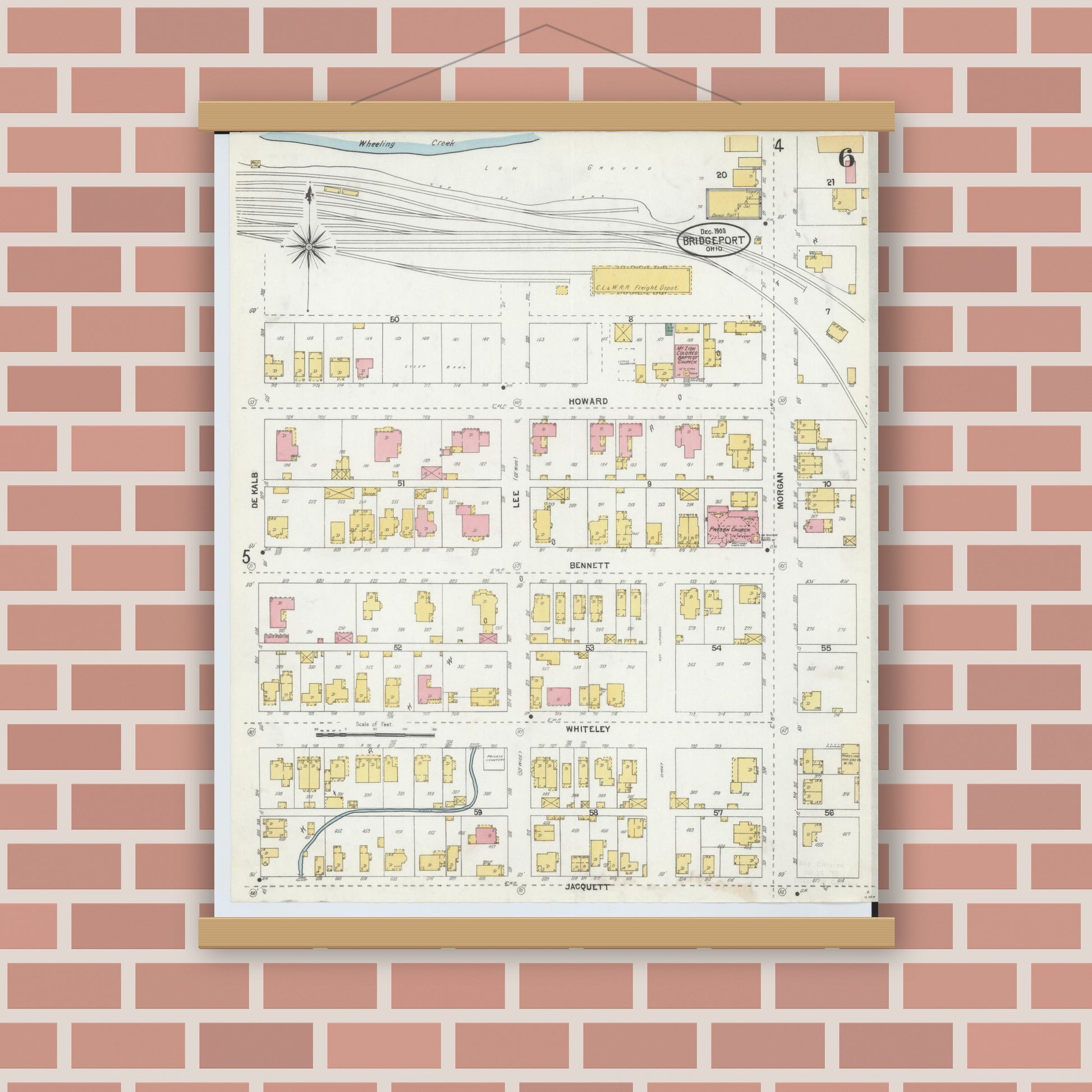 Old map wall art mockup — magnetic wood frame on brick wall — Sanborn Fire Insurance Map from Bridgeport, Belmont County, Ohio (1903), Sheet #0006