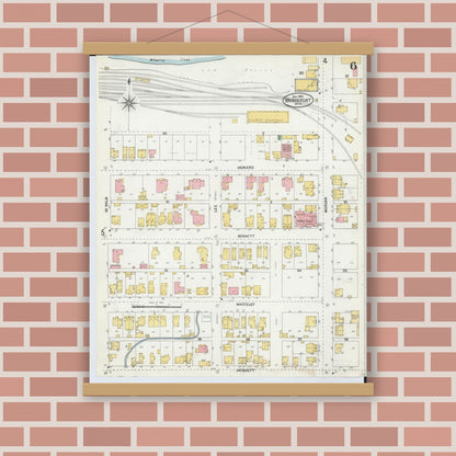 Old map wall art mockup — magnetic wood frame on brick wall — Sanborn Fire Insurance Map from Bridgeport, Belmont County, Ohio (1903), Sheet #0006