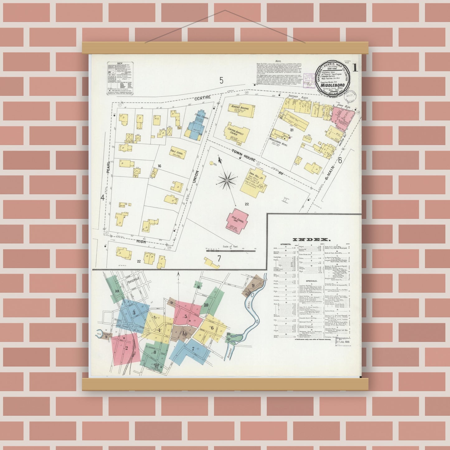 Old map wall art mockup — magnetic wood frame on brick wall — Sanborn Fire Insurance Map from Middleboro, Plymouth County, Massachusetts (1901) - Complete Map Set