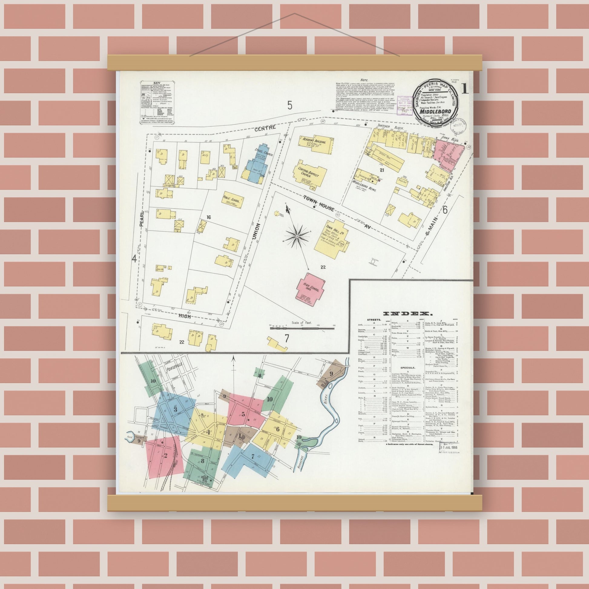 Old map wall art mockup — magnetic wood frame on brick wall — Sanborn Fire Insurance Map from Middleboro, Plymouth County, Massachusetts (1901) - Complete Map Set