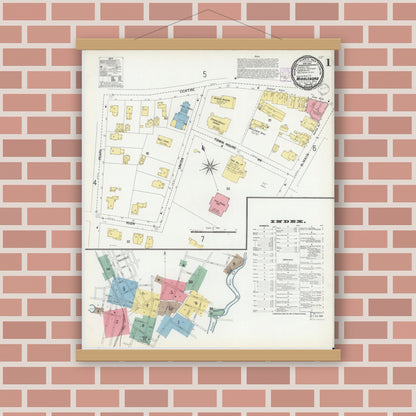 Old map wall art mockup — magnetic wood frame on brick wall — Sanborn Fire Insurance Map from Middleboro, Plymouth County, Massachusetts (1901) - Complete Map Set
