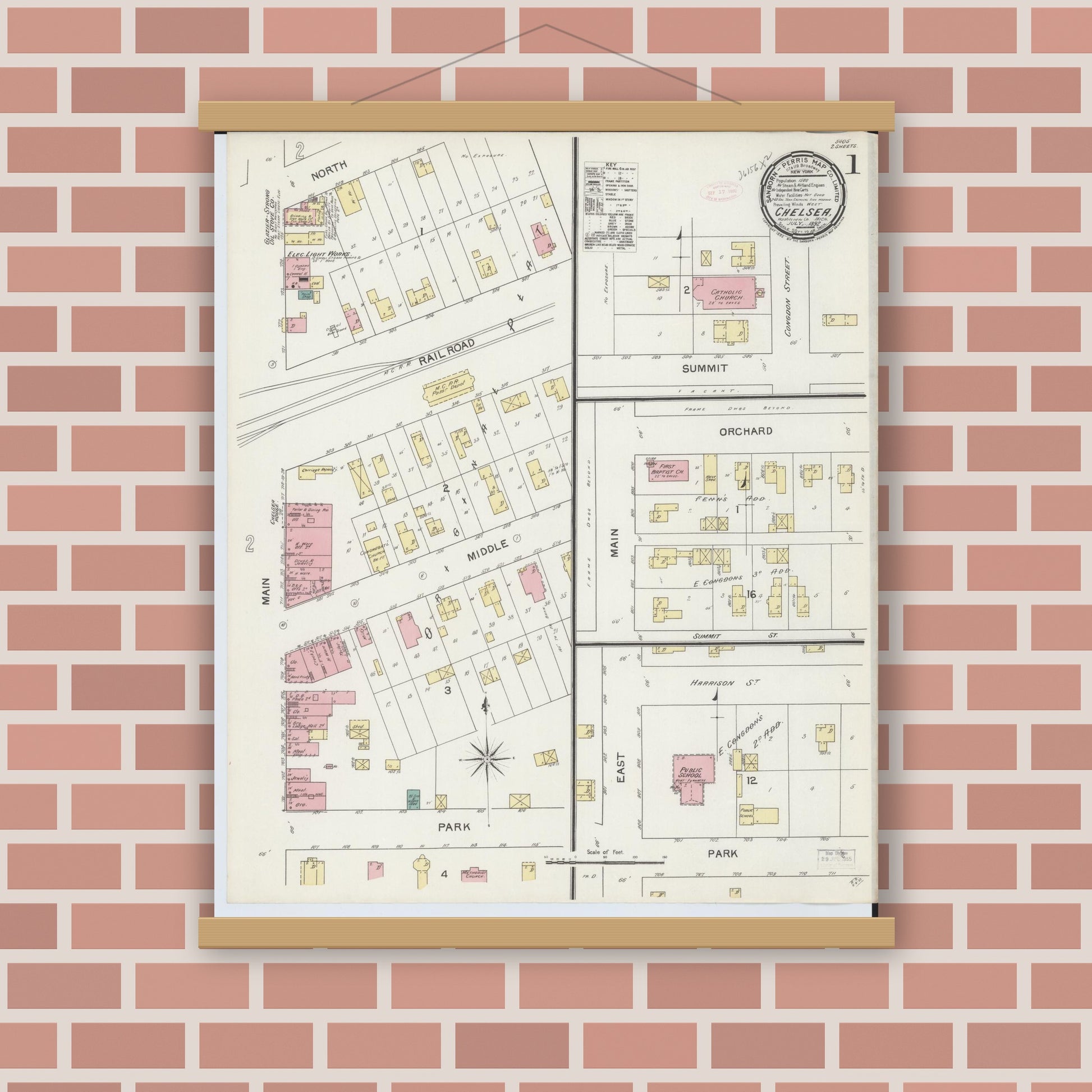 Old map wall art mockup — magnetic wood frame on brick wall — Sanborn Fire Insurance Map from Chelsea, Washtenaw County, Michigan (1892), Sheet #0001