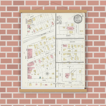 Old map wall art mockup — magnetic wood frame on brick wall — Sanborn Fire Insurance Map from Chelsea, Washtenaw County, Michigan (1892), Sheet #0001