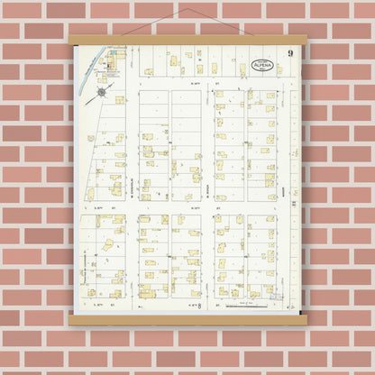 Old map wall art mockup — magnetic wood frame on brick wall — Sanborn Fire Insurance Map from Alpena, Alpena County, Michigan (1910), Sheet #0009