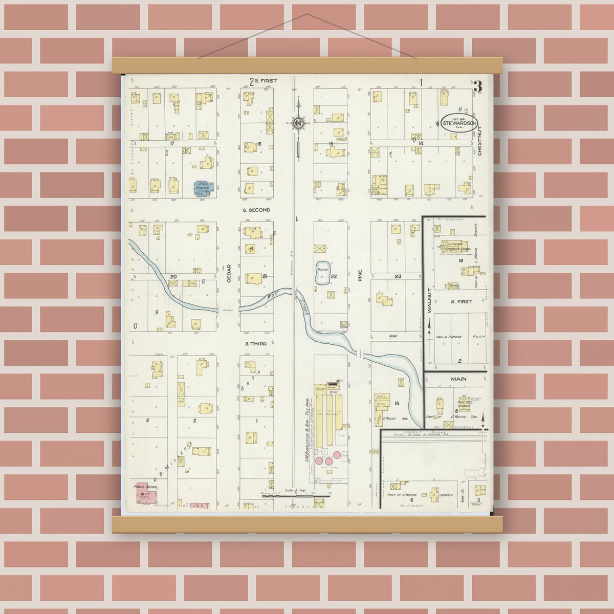 Old map wall art mockup — magnetic wood frame on brick wall — Sanborn Fire Insurance Map from Stewardson, Shelby County, Illinois (1913), Sheet #0003