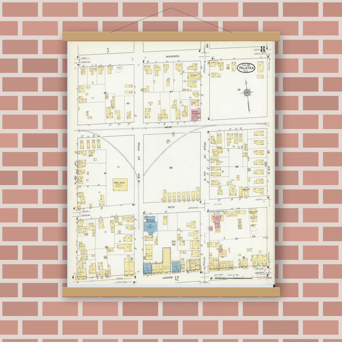 Old map wall art mockup — magnetic wood frame on brick wall — Sanborn Fire Insurance Map from Palatka, Putnam County, Florida (1915), Sheet #0008