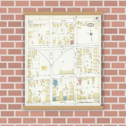Old map wall art mockup — magnetic wood frame on brick wall — Sanborn Fire Insurance Map from Palatka, Putnam County, Florida (1915), Sheet #0008