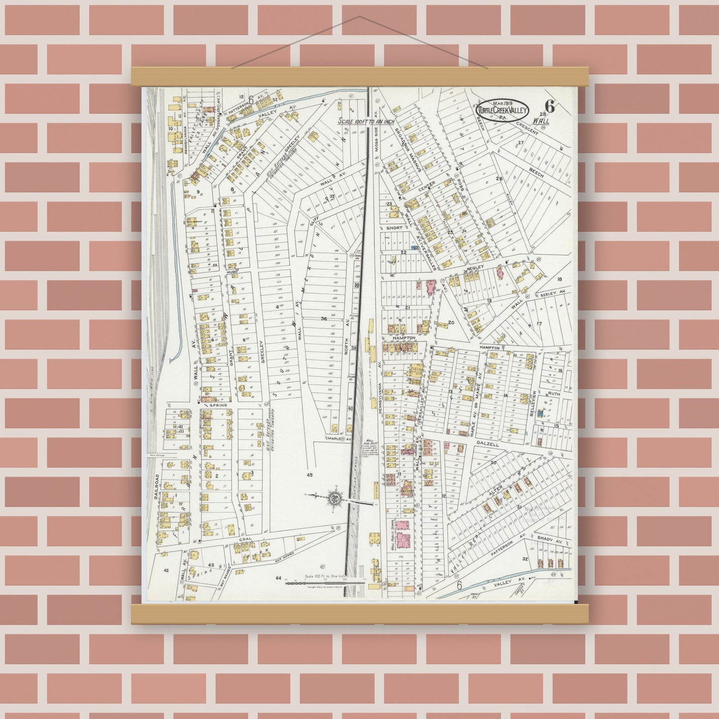 Old map wall art mockup — magnetic wood frame on brick wall — Sanborn Fire Insurance Map from Turtle Creek Valley, Allegheny County, Pennsylvania (1919), Sheet #0006
