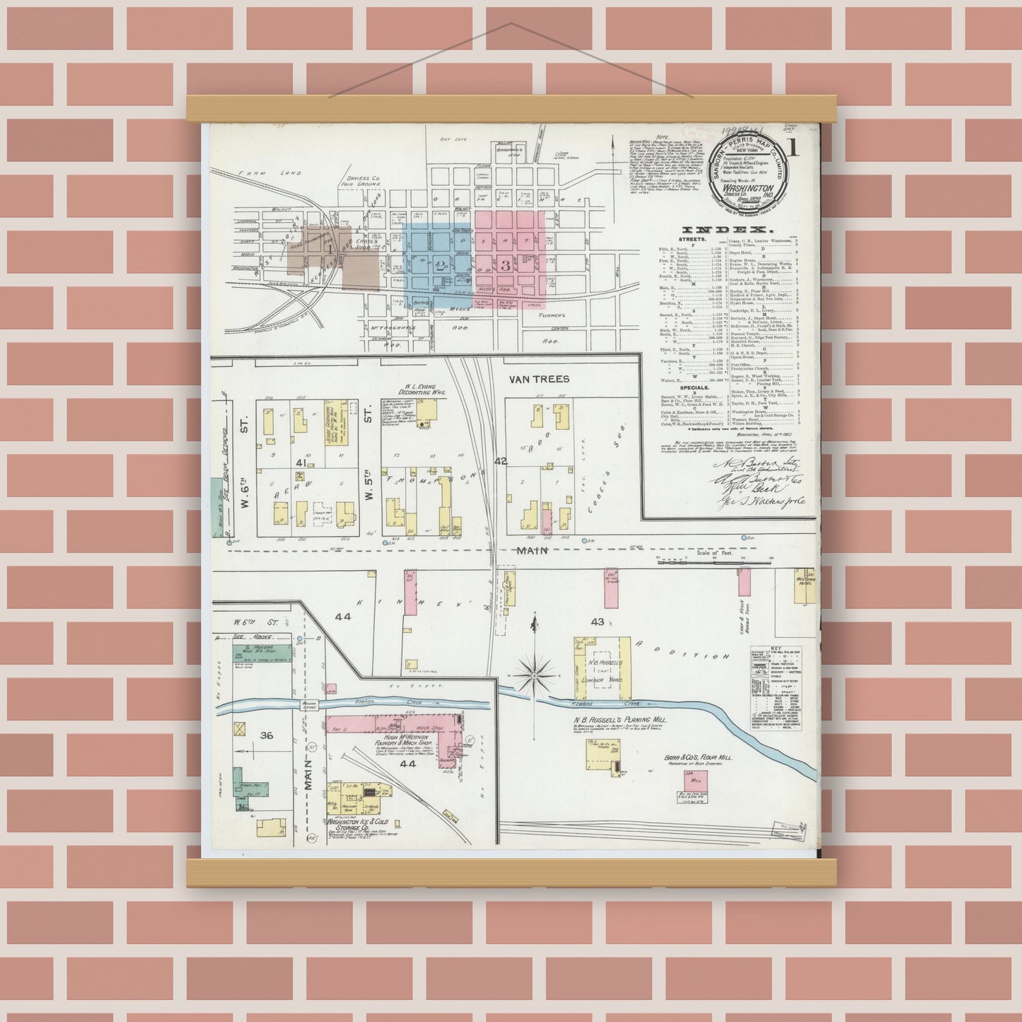 Old map wall art mockup — magnetic wood frame on brick wall — Sanborn Fire Insurance Map from Washington, Daviess County, Indiana (1892) - Complete Map Set