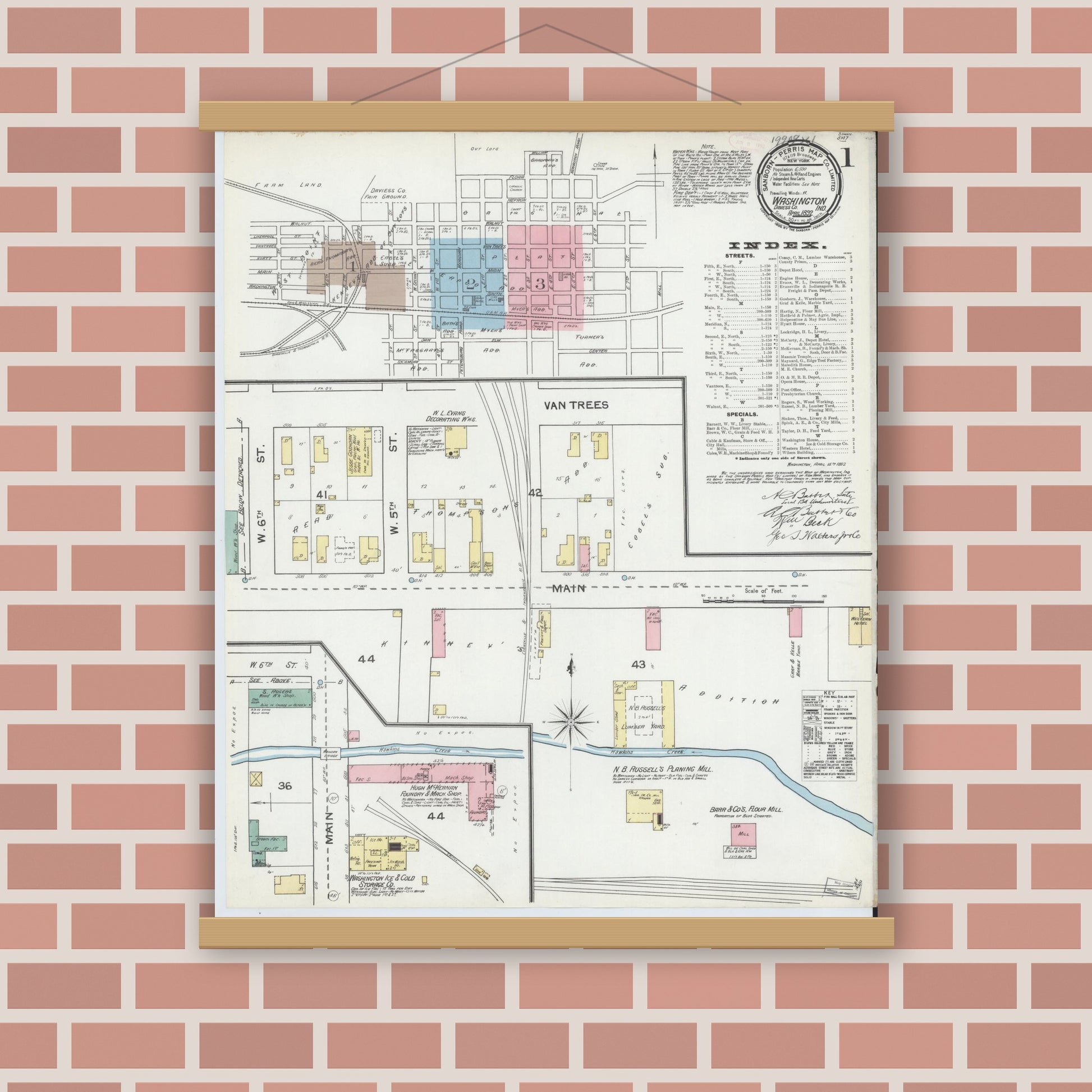 Old map wall art mockup — magnetic wood frame on brick wall — Sanborn Fire Insurance Map from Washington, Daviess County, Indiana (1892) - Complete Map Set