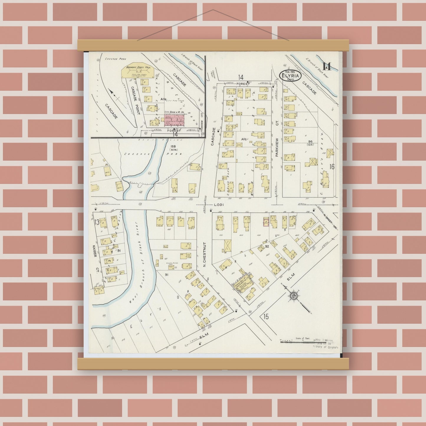 Old map wall art mockup — magnetic wood frame on brick wall — Sanborn Fire Insurance Map from Elyria, Lorain County, Ohio (1915), Sheet #0014