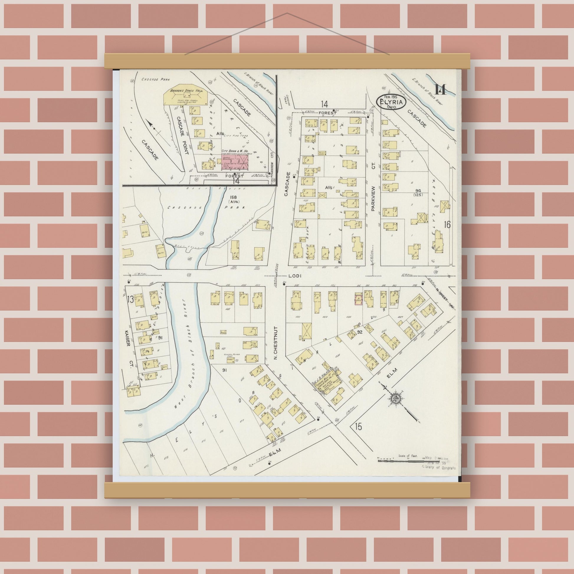 Old map wall art mockup — magnetic wood frame on brick wall — Sanborn Fire Insurance Map from Elyria, Lorain County, Ohio (1915), Sheet #0014
