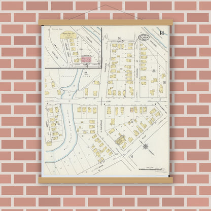 Old map wall art mockup — magnetic wood frame on brick wall — Sanborn Fire Insurance Map from Elyria, Lorain County, Ohio (1915), Sheet #0014