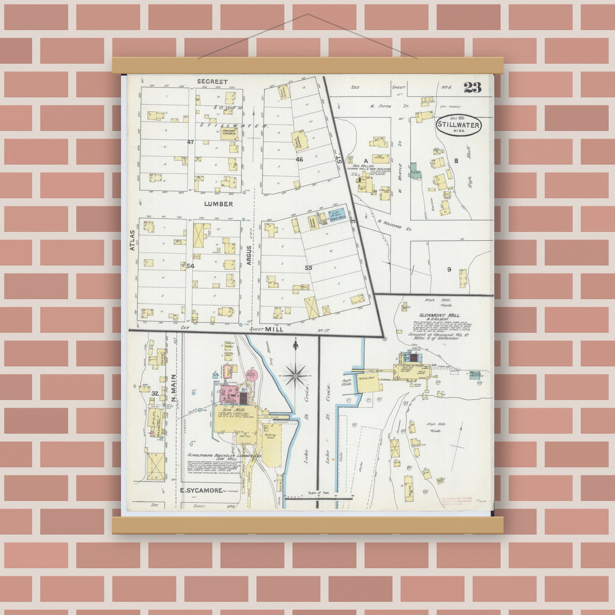 Old map wall art mockup — magnetic wood frame on brick wall — Sanborn Fire Insurance Map from Stillwater, Washington County, Minnesota (1891), Sheet #0023