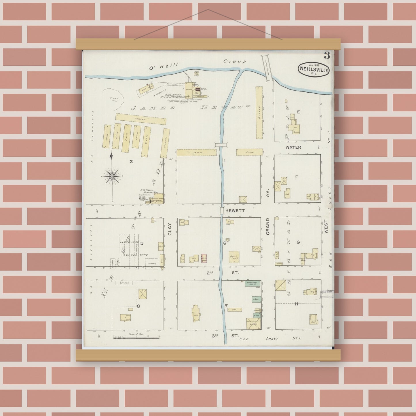 Old map wall art mockup — magnetic wood frame on brick wall — Sanborn Fire Insurance Map from Neillsville, Clark County, Wisconsin (1887), Sheet #0003