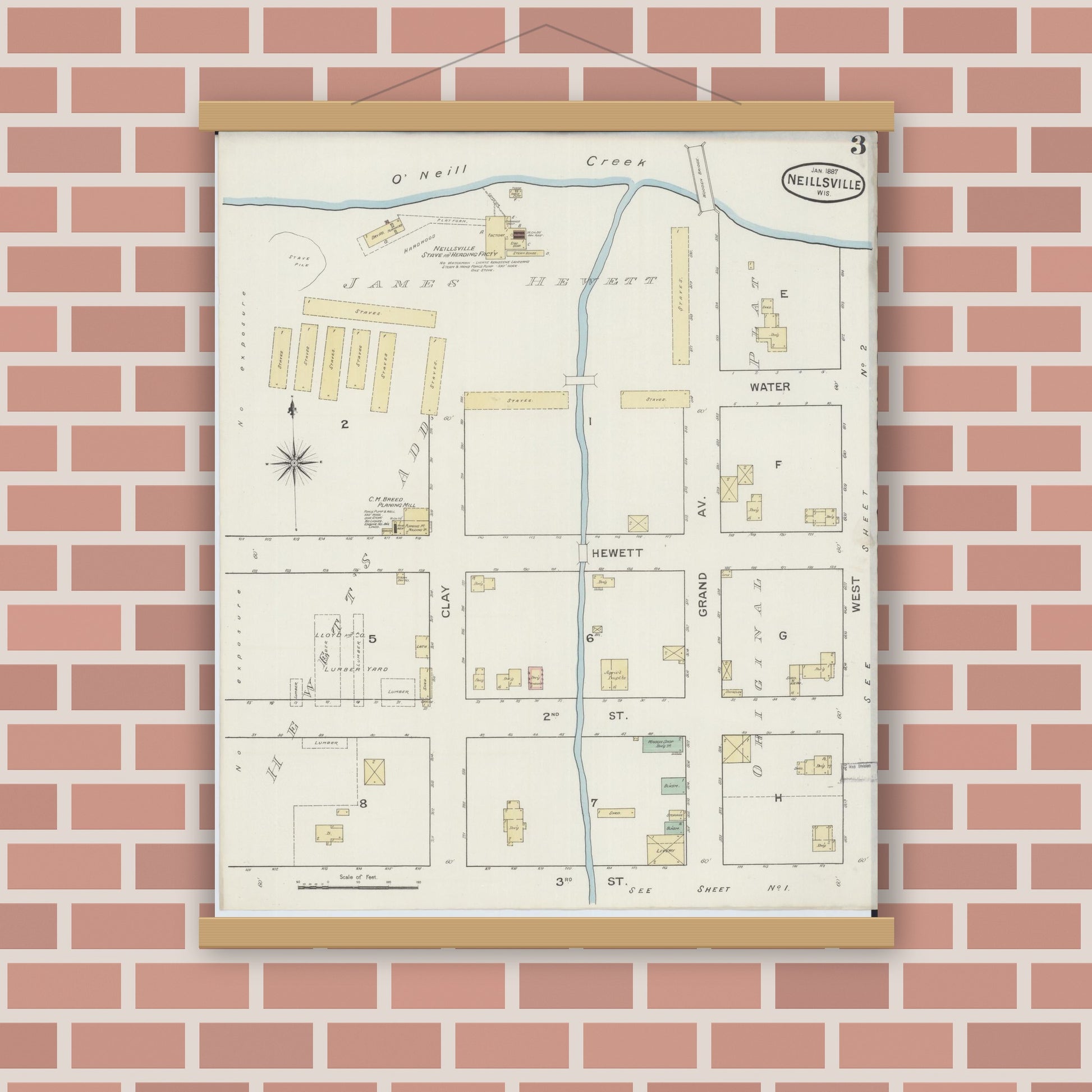 Old map wall art mockup — magnetic wood frame on brick wall — Sanborn Fire Insurance Map from Neillsville, Clark County, Wisconsin (1887), Sheet #0003