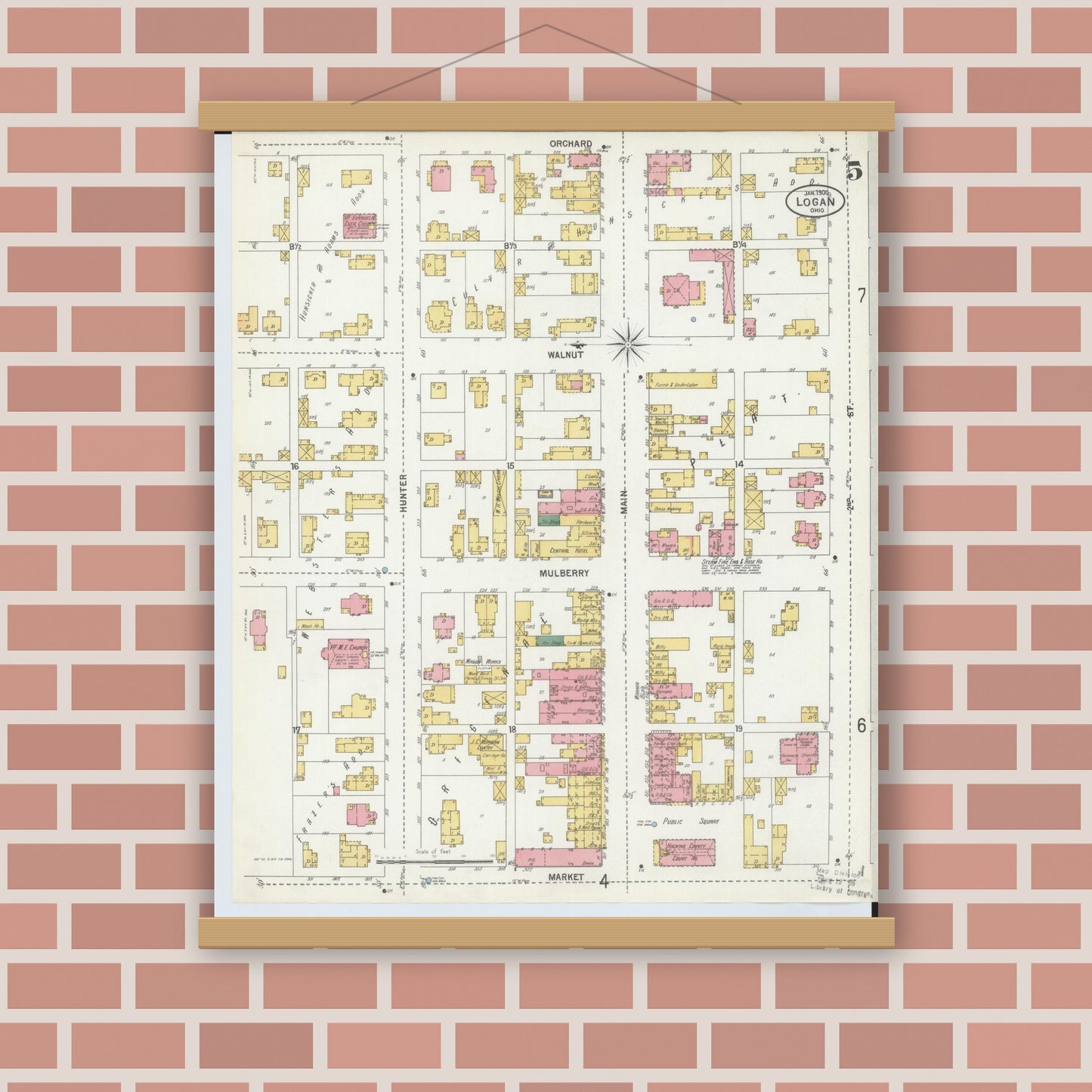 Old map wall art mockup — magnetic wood frame on brick wall — Sanborn Fire Insurance Map from Logan, Hocking County, Ohio (1900), Sheet #0005