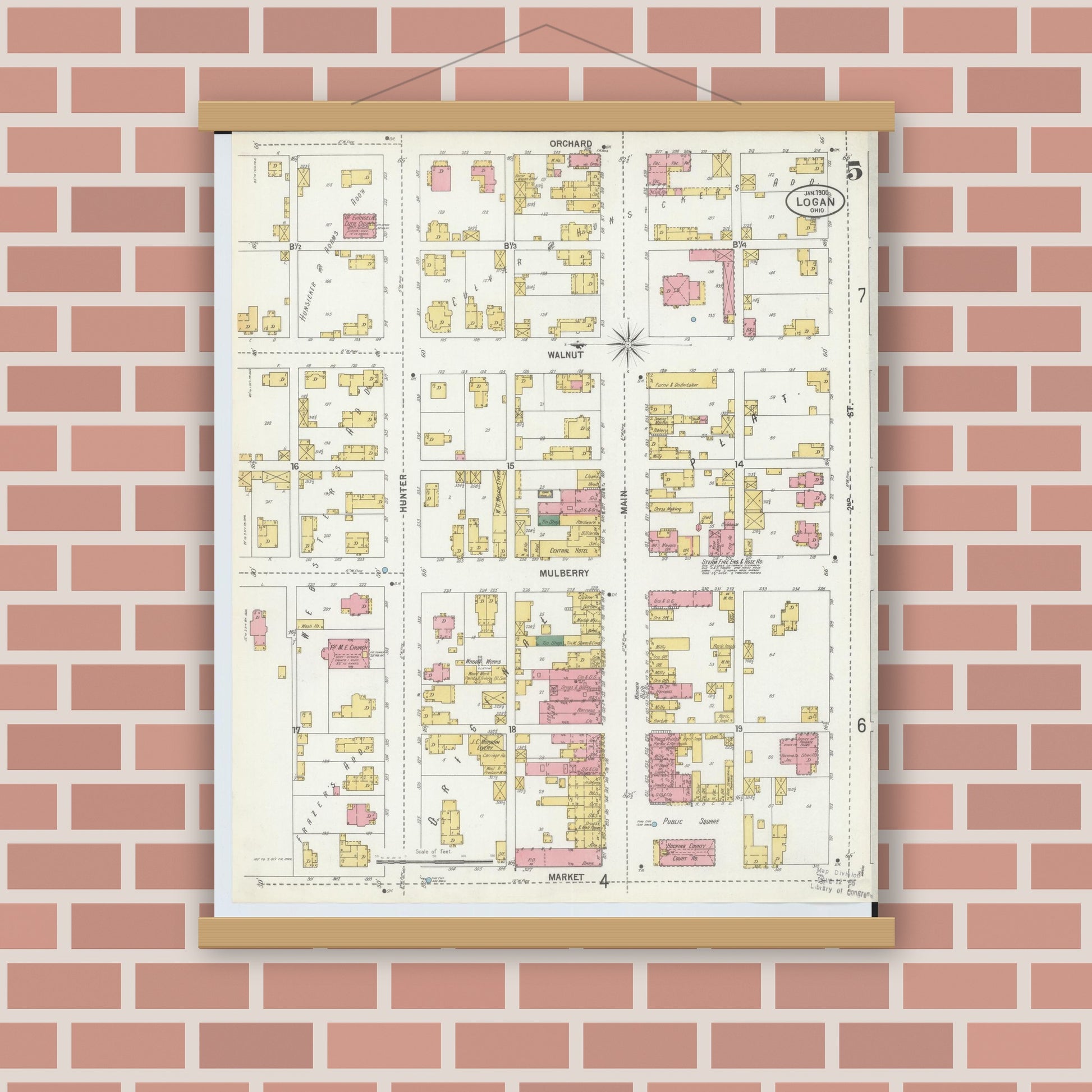 Old map wall art mockup — magnetic wood frame on brick wall — Sanborn Fire Insurance Map from Logan, Hocking County, Ohio (1900), Sheet #0005
