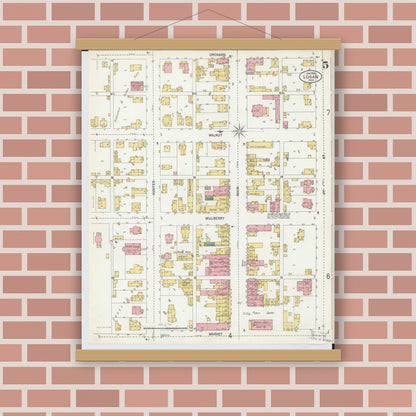 Old map wall art mockup — magnetic wood frame on brick wall — Sanborn Fire Insurance Map from Logan, Hocking County, Ohio (1900), Sheet #0005