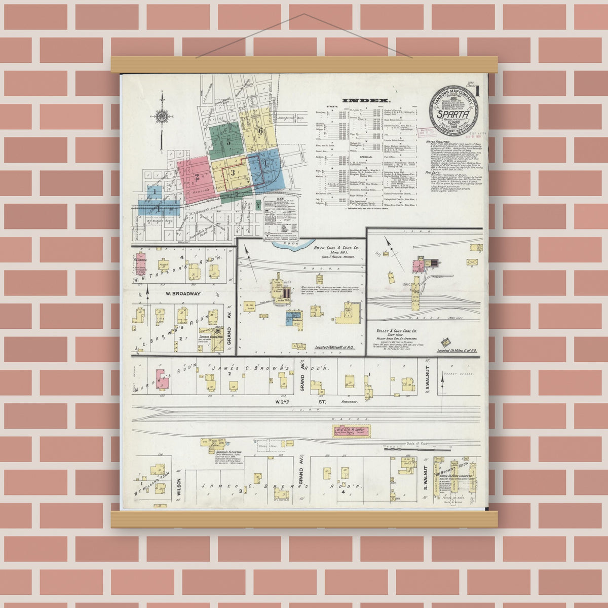 Old map wall art mockup — magnetic wood frame on brick wall — Sanborn Fire Insurance Map from Sparta, Randolph County, Illinois (1910), Sheet #0001
