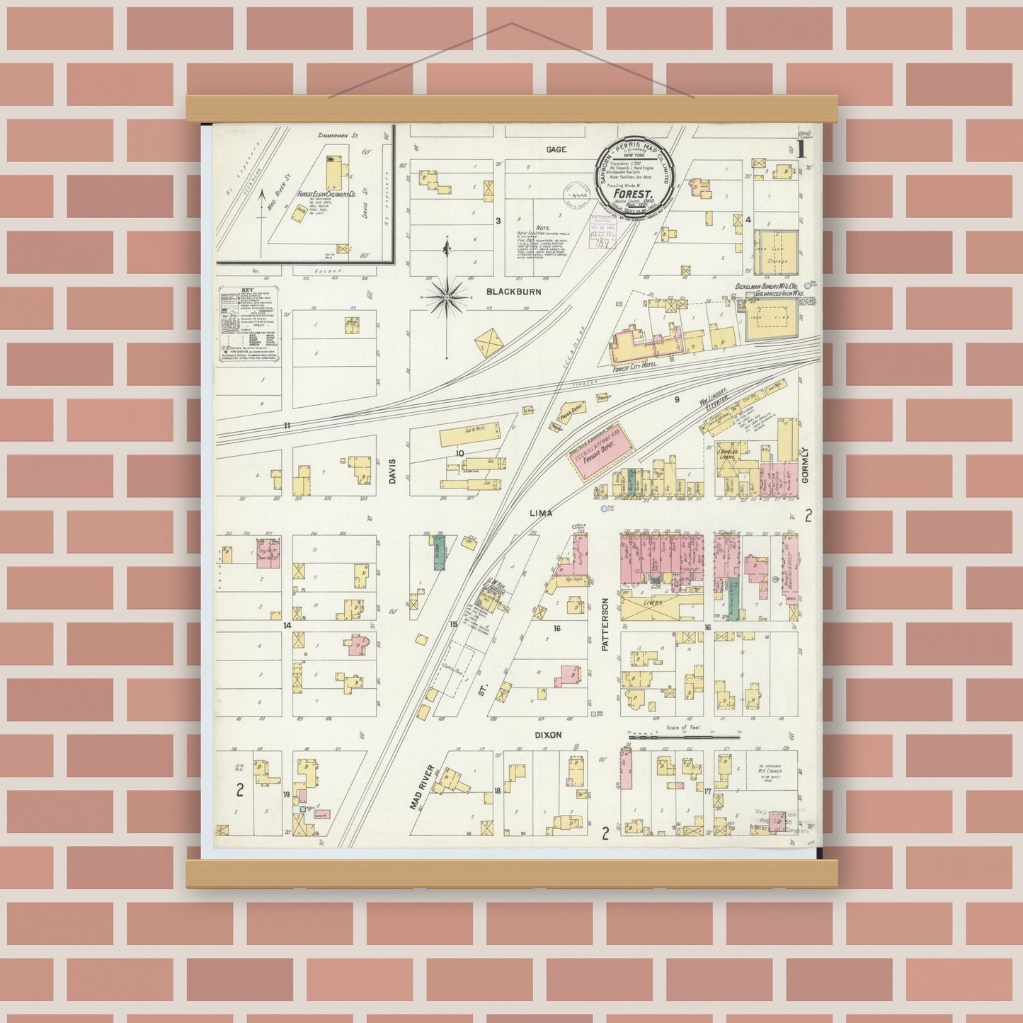 Old map wall art mockup — magnetic wood frame on brick wall — Sanborn Fire Insurance Map from Forest, Hardin County, Ohio (1901), Sheet #0001