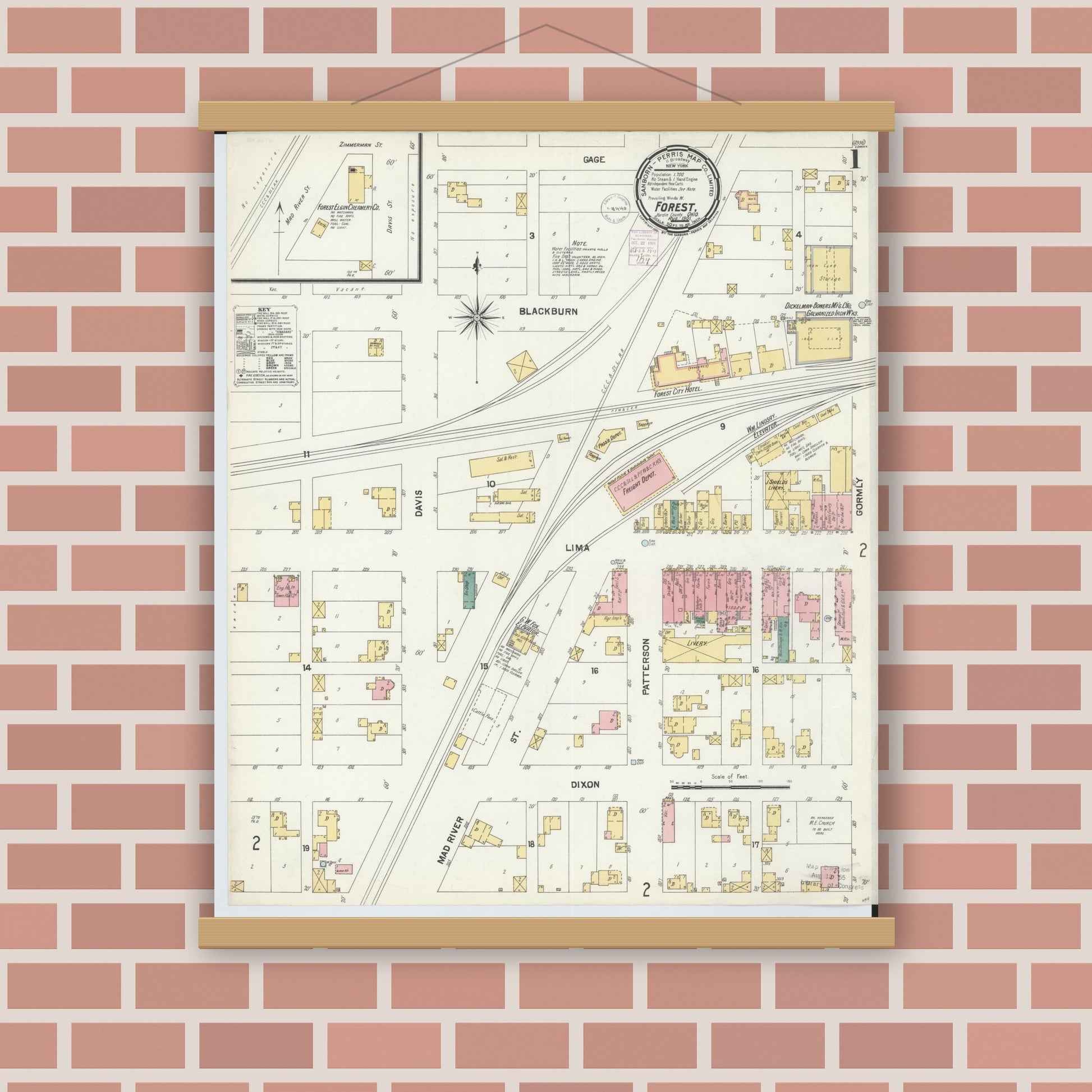 Old map wall art mockup — magnetic wood frame on brick wall — Sanborn Fire Insurance Map from Forest, Hardin County, Ohio (1901), Sheet #0001