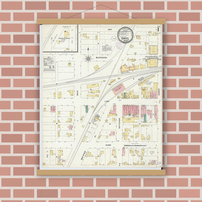 Old map wall art mockup — magnetic wood frame on brick wall — Sanborn Fire Insurance Map from Forest, Hardin County, Ohio (1901), Sheet #0001