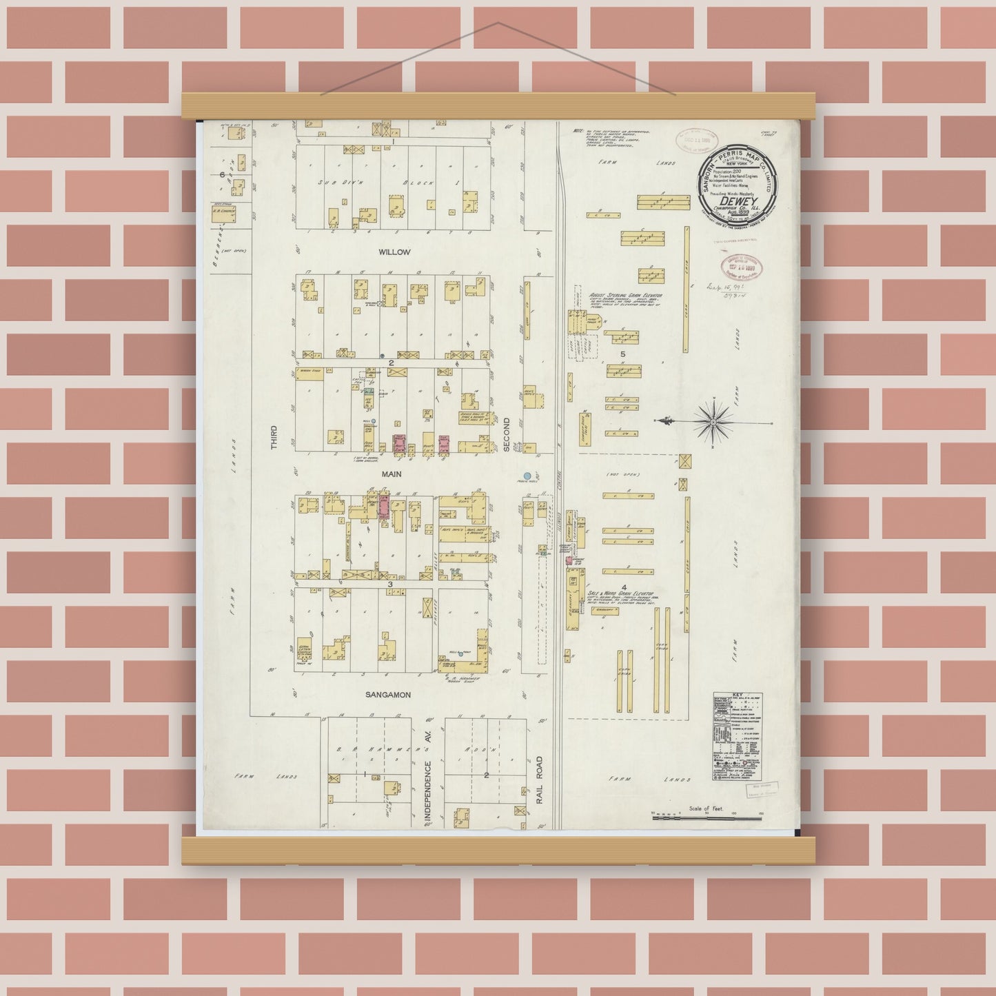 Old map wall art mockup — magnetic wood frame on brick wall — Sanborn Fire Insurance Map from Dewey, Champaign County, Illinois (1899), Sheet #0001