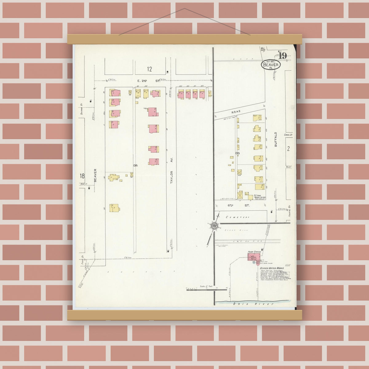 Old map wall art mockup — magnetic wood frame on brick wall — Sanborn Fire Insurance Map from Beaver, Beaver County, Pennsylvania (1912), Sheet #0019