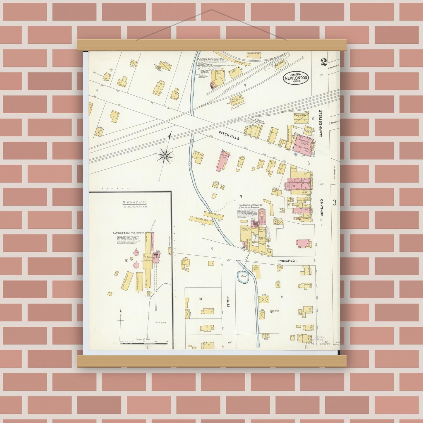 Old map wall art mockup — magnetic wood frame on brick wall — Sanborn Fire Insurance Map from New London, Huron County, Ohio (1904), Sheet #0002
