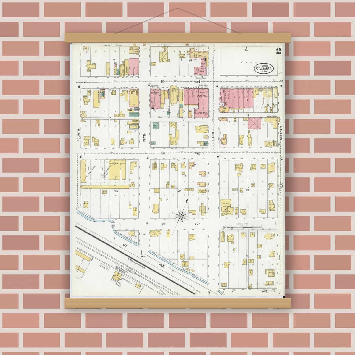 Old map wall art mockup — magnetic wood frame on brick wall — Sanborn Fire Insurance Map from Saint James, Watonwan County, Minnesota (1899), Sheet #0002