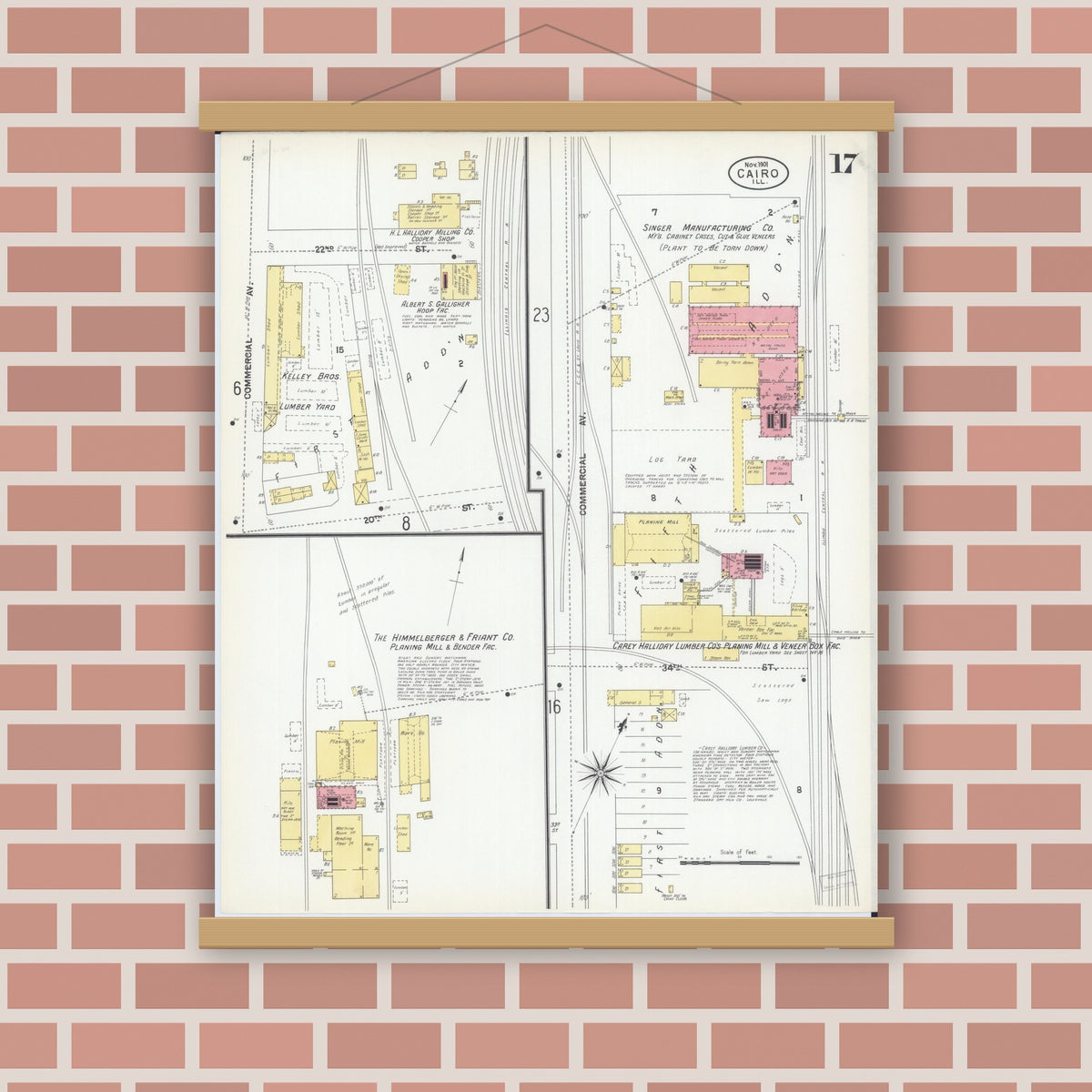 Old map wall art mockup — magnetic wood frame on brick wall — Sanborn Fire Insurance Map from Cairo, Alexander County, Illinois (1901), Sheet #0017