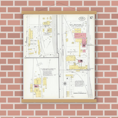 Old map wall art mockup — magnetic wood frame on brick wall — Sanborn Fire Insurance Map from Cairo, Alexander County, Illinois (1901), Sheet #0017