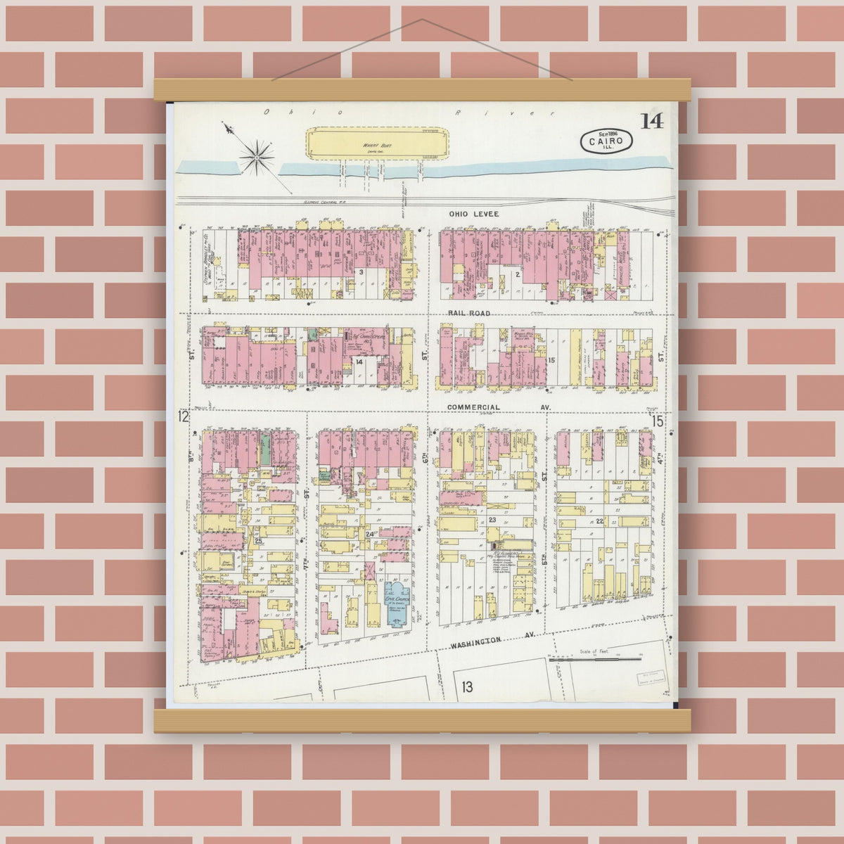Old map wall art mockup — magnetic wood frame on brick wall — Sanborn Fire Insurance Map from Cairo, Alexander County, Illinois (1896), Sheet #0014