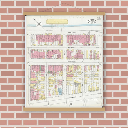 Old map wall art mockup — magnetic wood frame on brick wall — Sanborn Fire Insurance Map from Cairo, Alexander County, Illinois (1896), Sheet #0014