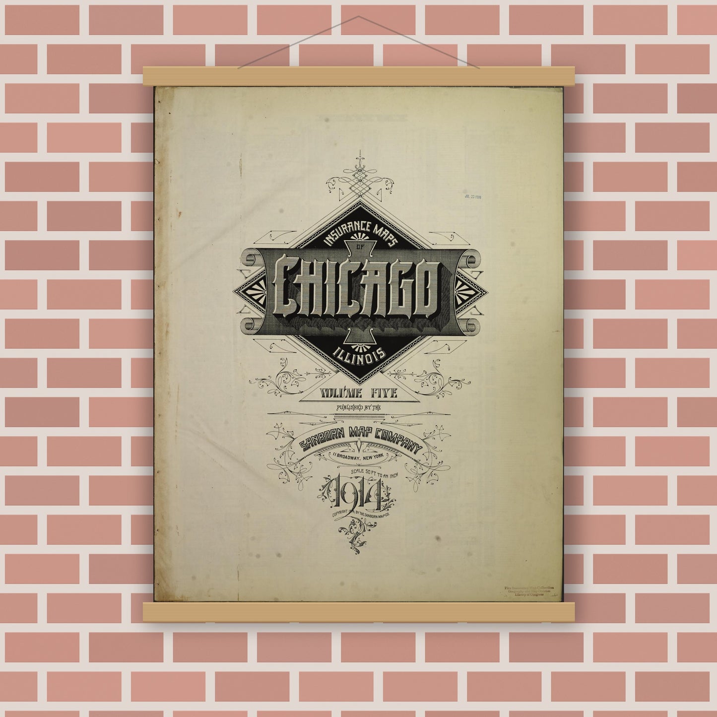 Old map wall art mockup — magnetic wood frame on brick wall — Sanborn Fire Insurance Map from Chicago, Cook County, Illinois (1914), Sheet #0001