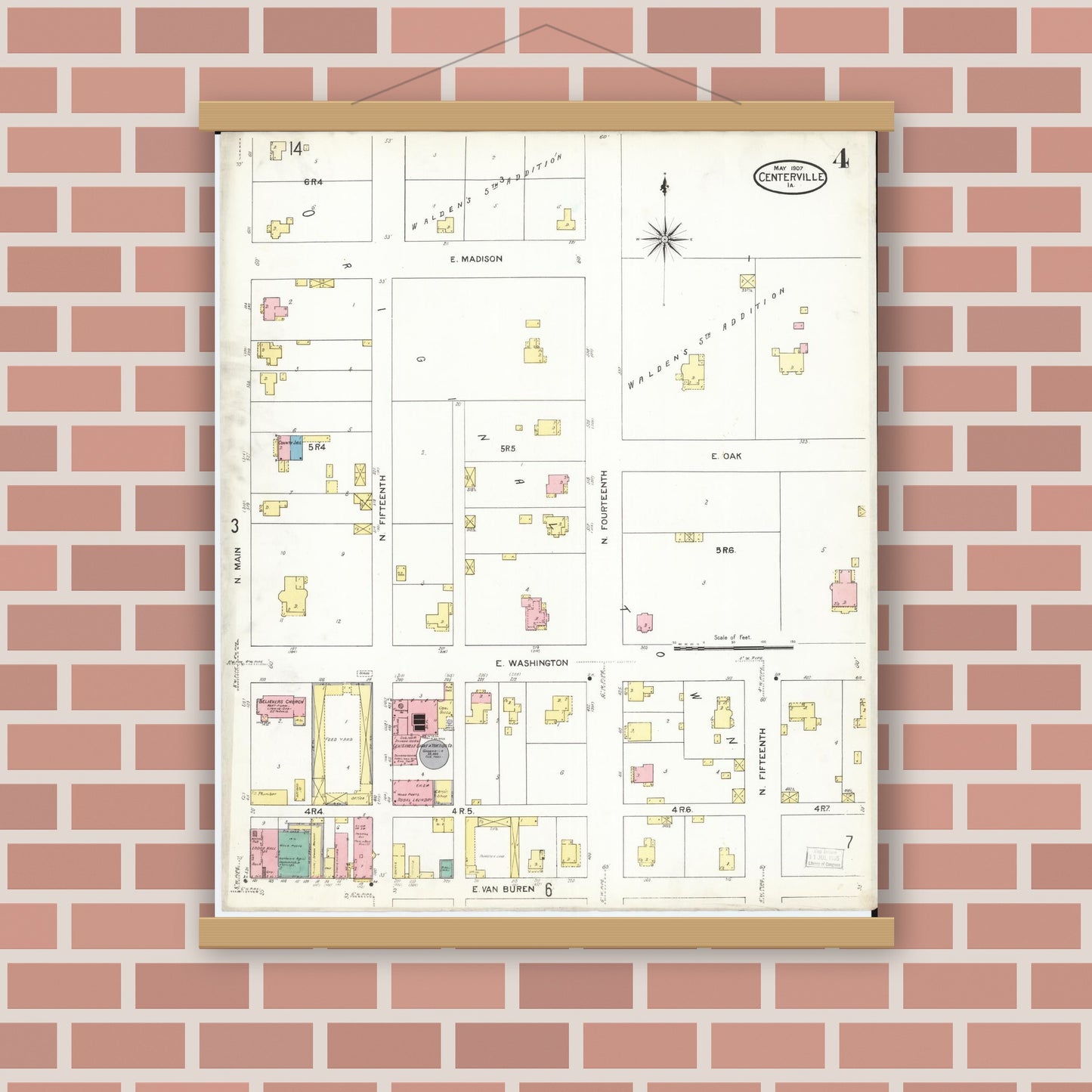 Old map wall art mockup — magnetic wood frame on brick wall — Sanborn Fire Insurance Map from Centerville, Appanoose County, Iowa (1907), Sheet #0004