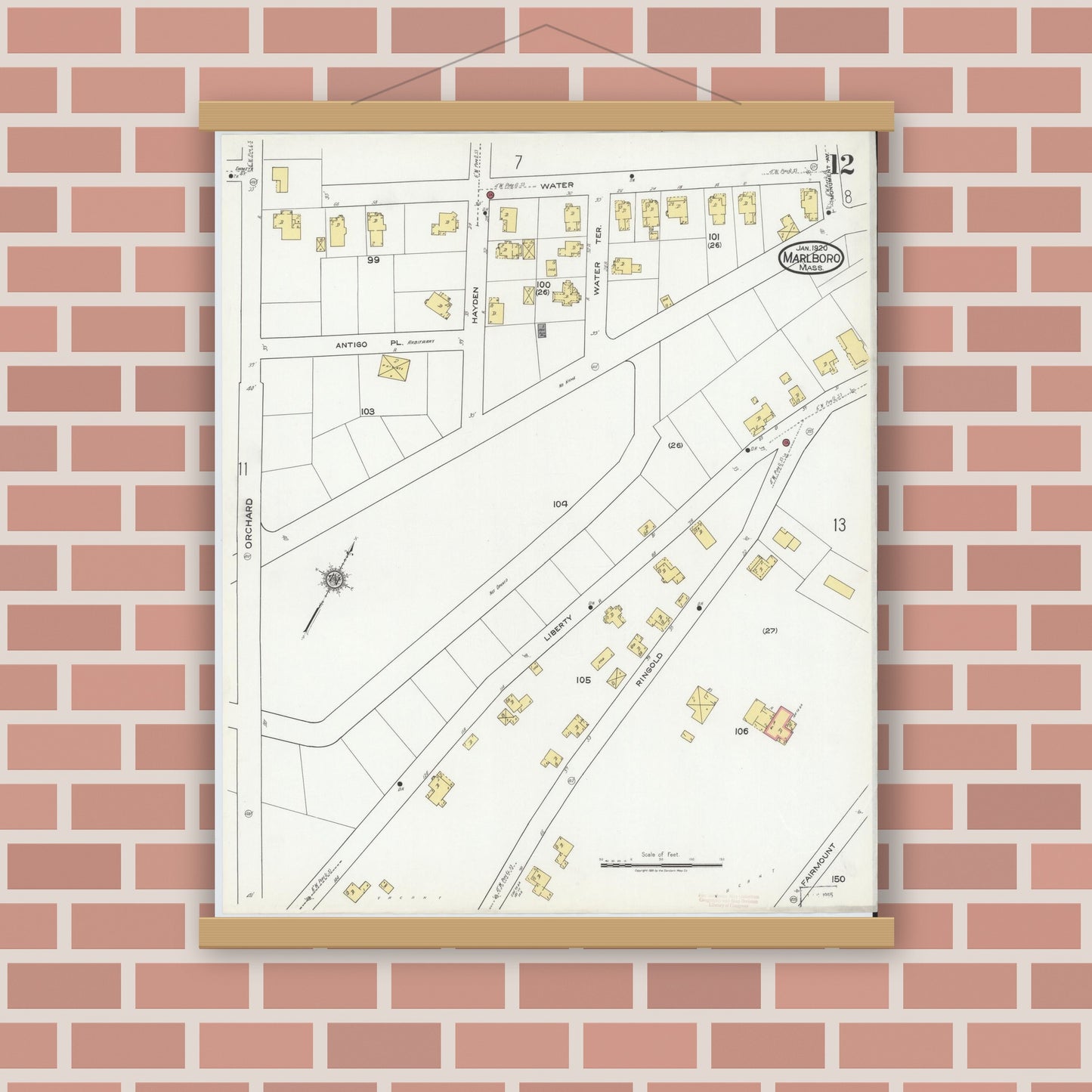Old map wall art mockup — magnetic wood frame on brick wall — Sanborn Fire Insurance Map from Marlborough, Middlesex County, Massachusetts (1920), Sheet #0012