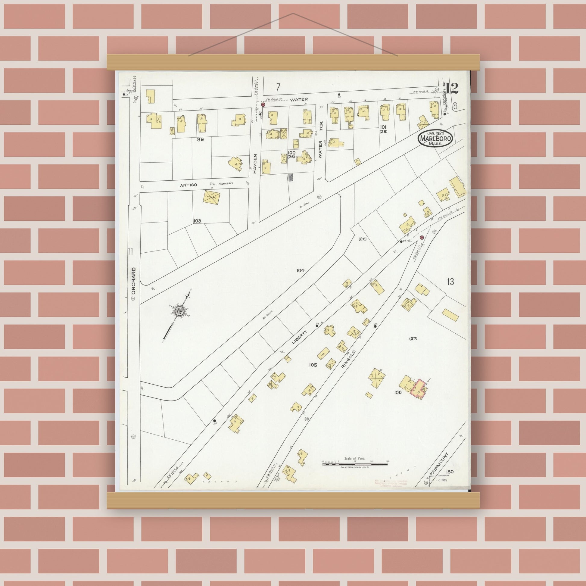 Old map wall art mockup — magnetic wood frame on brick wall — Sanborn Fire Insurance Map from Marlborough, Middlesex County, Massachusetts (1920), Sheet #0012