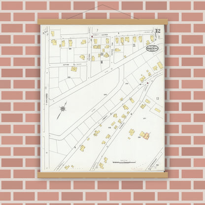 Old map wall art mockup — magnetic wood frame on brick wall — Sanborn Fire Insurance Map from Marlborough, Middlesex County, Massachusetts (1920), Sheet #0012