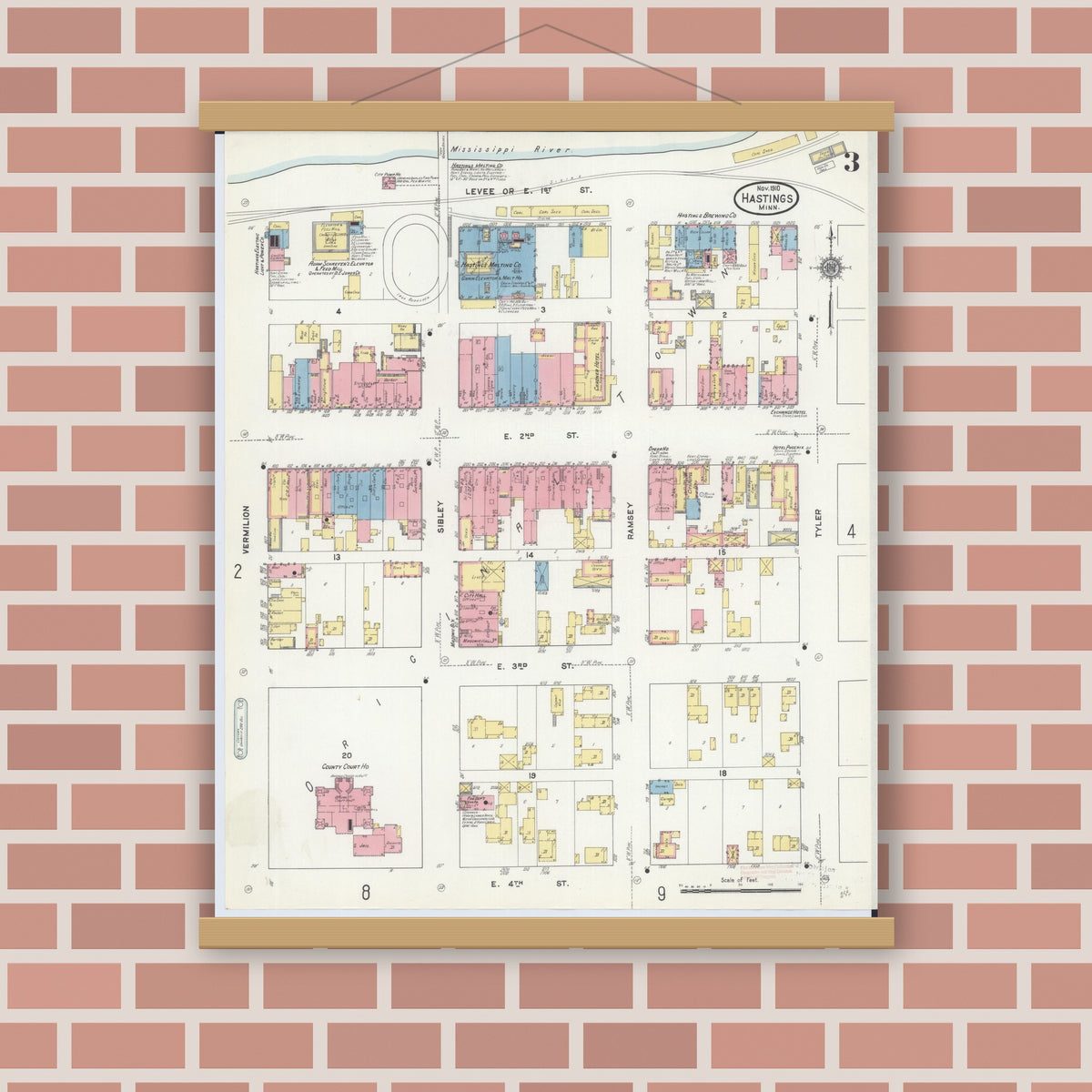Old map wall art mockup — magnetic wood frame on brick wall — Sanborn Fire Insurance Map from Hastings, Dakota County, Minnesota (1910), Sheet #0003