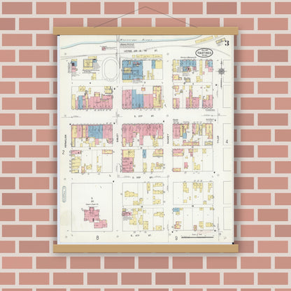Old map wall art mockup — magnetic wood frame on brick wall — Sanborn Fire Insurance Map from Hastings, Dakota County, Minnesota (1910), Sheet #0003