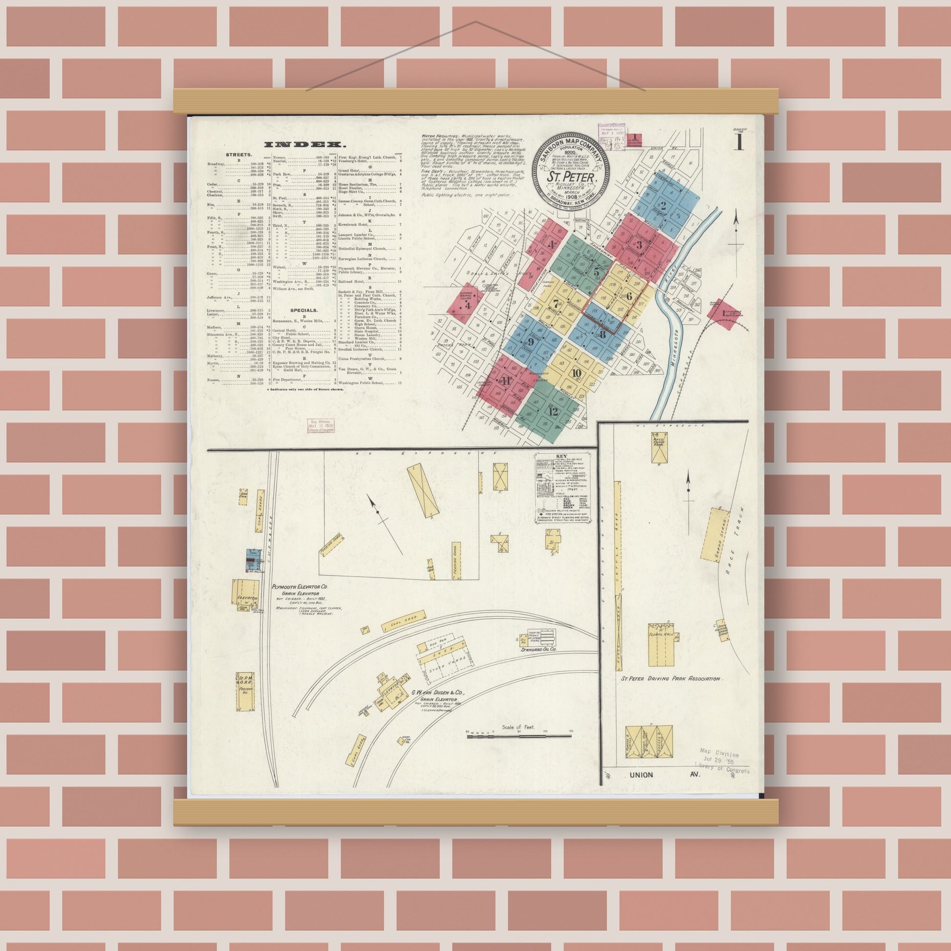 Old map wall art mockup — magnetic wood frame on brick wall — Sanborn Fire Insurance Map from Saint Peter, Nicollet County, Minnesota (1908) - Complete Map Set