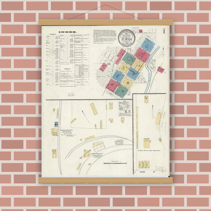 Old map wall art mockup — magnetic wood frame on brick wall — Sanborn Fire Insurance Map from Saint Peter, Nicollet County, Minnesota (1908) - Complete Map Set